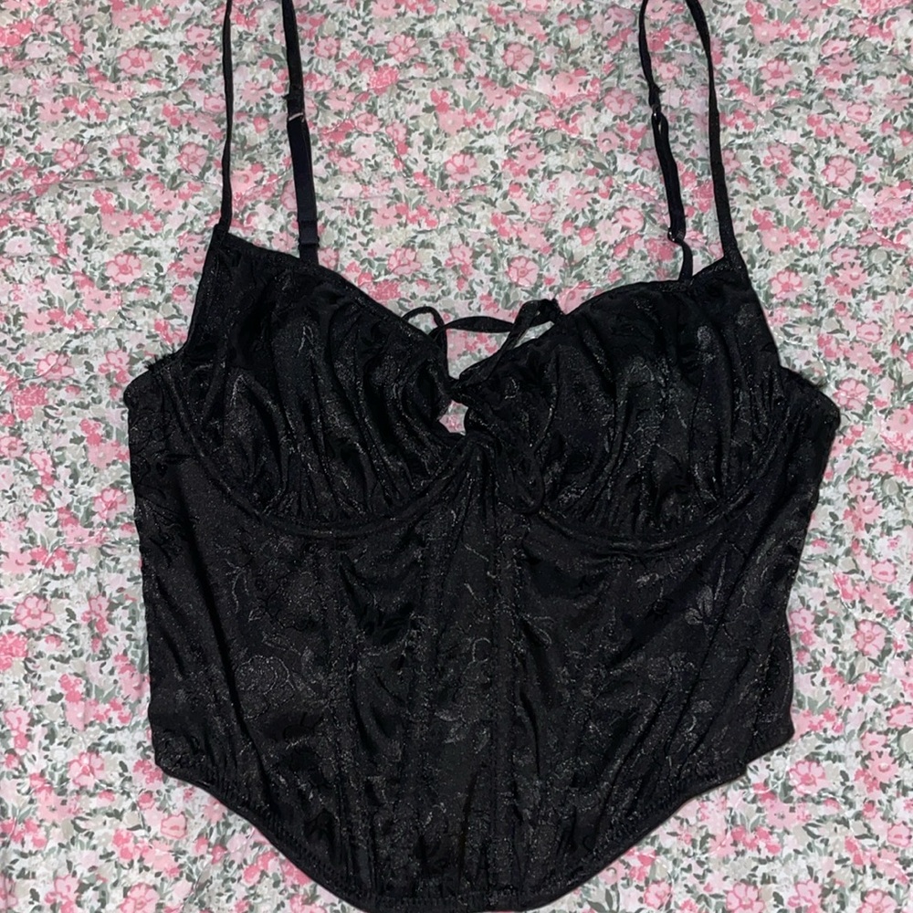 Urban Outfitters Black Corset Top with Flower Detailing, Size Small
